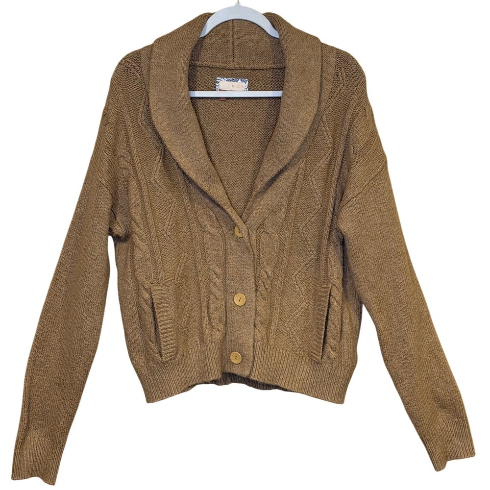 Pilcro Womens Cardigan Brown Medium Shawl Collar Cable Knit Preppy Cozy Rustic